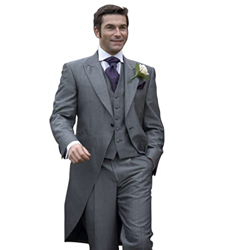 Men's Solid Wedding Dress Suit Set Morning Suits Grooms Gray Slim Fit Wedding Tuxedos Tailcoat Vest Pants