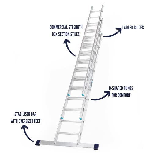 TB Davies 7.0m/23.0ft, TASKMASTER 3 Section Extension Ladders, Aluminium Stabiliser Bar, Comfort D-Shaped Rungs, Reach Height 7.5m/24.4ft, EN131 Professional 2 TB Davies 7.0m/23.0ft, TASKMASTER 3 Section Extension Ladders, Aluminium Stabiliser Bar, Comfort D-Shaped Rungs, Reach Height 7.5m/24.4ft, EN131 Professional - Image 2