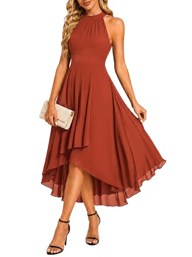 Ever-Pretty Womens Sexy Halter Neck Pleated Sleeveless Hi-Lo Chiffon Summer Wedding Guest Dress Cocktail Dresses Burnt Orange US12