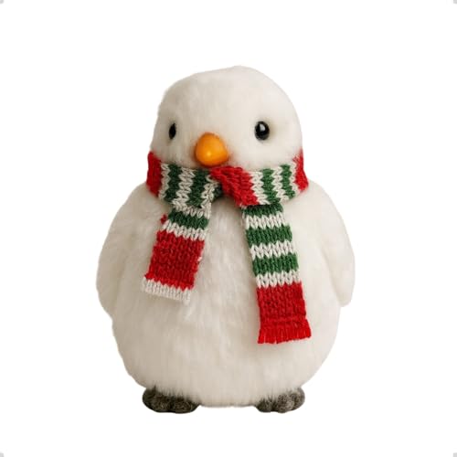 Enfeite de Natal Pinguim Natalino com Cachecol, Pelúcia Branca, 15cm Altura, Decoração Encantadora