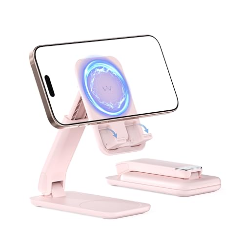 Image of iWALK Magnetic Cell Phone Stand for Desk, Angle and Height Adjustable Mobile Phone Holder, Foldable Magnet Stand for iPhone 17 16 15 14 13 12 Pro Max and iPad, Cell Phone Holder for Samsung, Pink