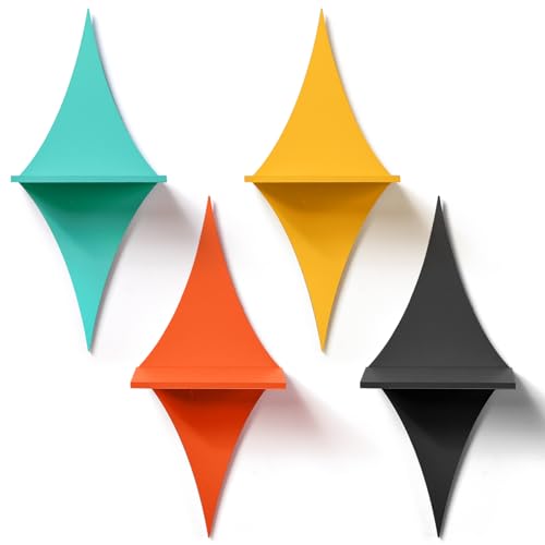Image of Threehoney Mid-Century Modern Wall Set of 4 Colorful Floating Display Shelves Retro Style Starburst Wall Mounted Shelves Storage for Bedroom, Living Room Decor(Rhombus)