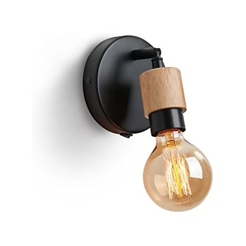 Lightess Wandleuchte Innen Vintage Wandlampe aus Metall schwarz und hellen Holz Cover