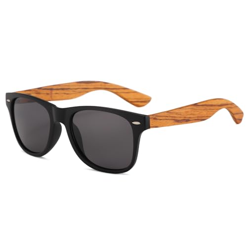 Long Keeper Wood Sunglasses for Men Women Classic Black Sunglasses Wooden Arms Mirrored Dark Shades 80's Retro Sun Glasses