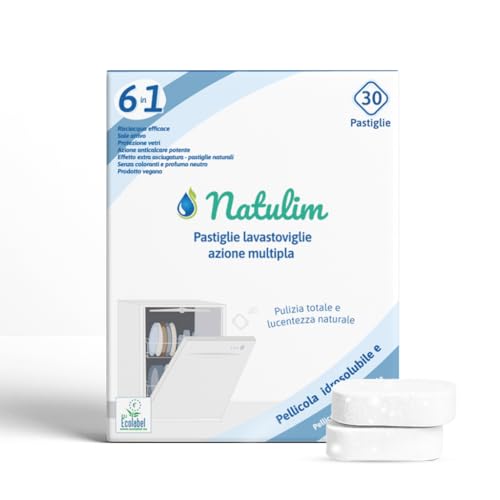 Natulim - Compresse per lavastoviglie 6 in 1 biodegradabili e idrosolubili, confezione da 30 - Pulizia profonda, risciacquo, funzione sale, protezione vetri, effetto extra secco - Made in EU
