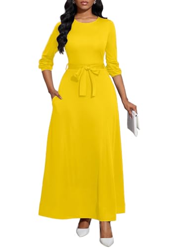Image of BubFee Long Dress for Women Casual Long Sleeve Dresses Maxi Dress Empire Waist Loose with Belt