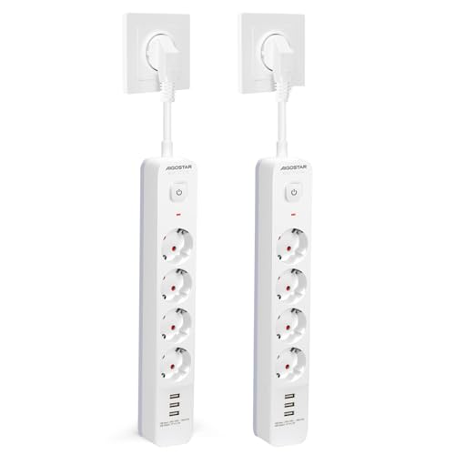Aigostar Regleta Enchufe, Alargador Enchufe de 4 Tomas Corrientes y 3 Rápida USB Tomas, Enchufe Multiple Regleta con Interruptor, Blanco, 2 Piezas