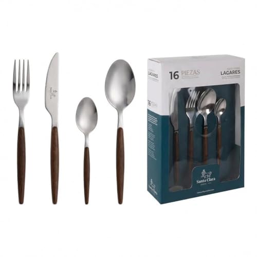 SANTA CLARA | Cubertería completa 16 piezas de acero inoxidable con mango efecto madera, juego de cubiertos con cuchillo, tenedor, cuchara, cucharilla de postre, servicio para 4 personas, Gama Lagares