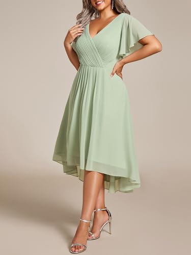 Image of Ever-Pretty Plus Summer Short Sleeves V-Neck Formal Wedding Guest Dresses for Curvy Women Chiffon Midi Cocktail Party Dress
