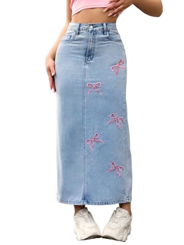 Womens Y2k Bow Embroidered Denim Skirts High Waisted Back Slit Maxi Skirts Casual Bodycon Jean Skirt with Pockets