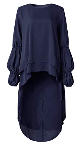 PRETTYGARDEN Women's Lantern Long Sleeve Round Neck High Low Asymmetrical Irregular Hem Casual Tops Blouse Shirt Dress (Navy, Large)