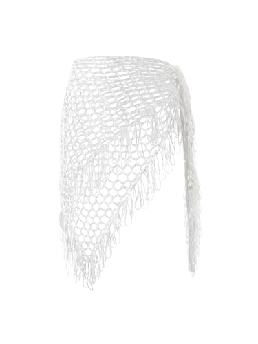 KHEIPHIR Crochet Sarong Beach Cover Up Fishnet Mesh Wrap Skirt with Tassels Net Bikini Cover Up for Women White