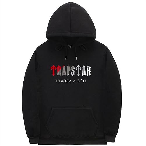 Modetröja med Trapstar-tryck for sporthuvtröja for män och damer Fleece lös tröja (Color : Black, Size : XXL)