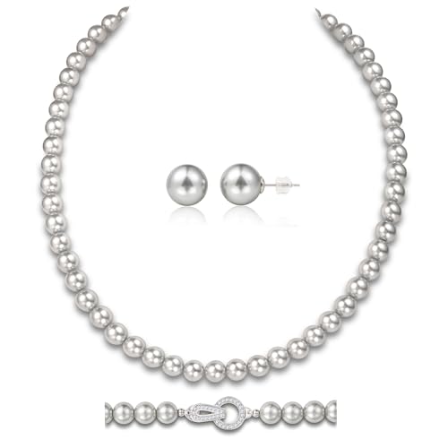 Pearl Necklace 18 inch and Pearl Earrings Studs, Lustrous Gorgeous Imitated Silver/White Pearls Jewelry Set For Women