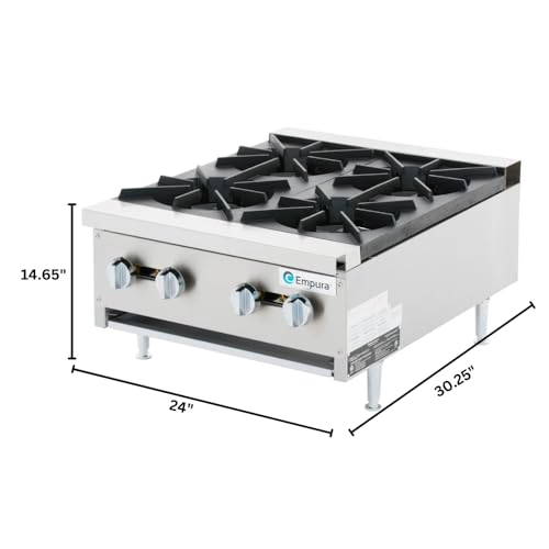 Close-up of Empura commercial hot plate showing stainless steel body and cast iron grates.