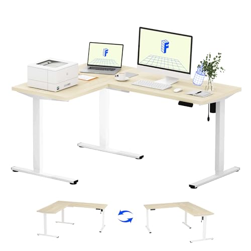 FLEXISPOT L Shaped Standing Desk, 63 x 47 Inch Electric Height Adjustable Corner Desk, Sit Stand Computer Workstation, Preset Controller, Home Office, White Frame with Maple Top