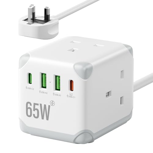Cube Extension Lead with USB C PD65W Fast Charging 3 Way Multi Plug Extension Socket with 2 USB-A & 2 USB-C Ports UK Power Strip with Switch 13A Fused Plug 1.5M Extension Cable for Home Office