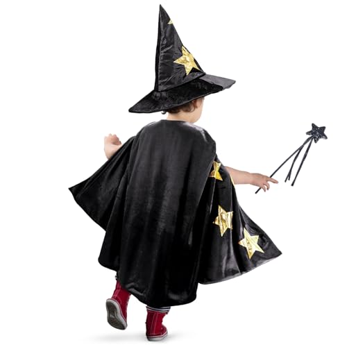 Disfraz infantil de bruja con capa, sombrero y varita miniatura 3