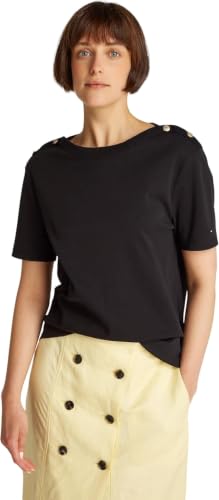 Tommy Hilfiger Donna T-Shirt Maniche Corte Stripe Gold con Bottoni, Nero (Black), S