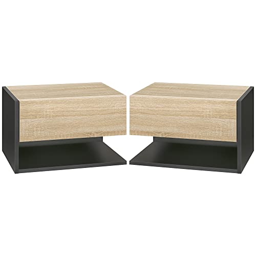 HOMCOM Tables de Chevet suspendues Lot de 2 - Tables de Nuit Murale - tiroir Coulissant - en Bois Bicolore Aspect chêne Noir