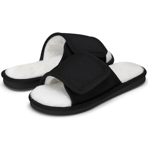 SHIBEVER House Fuzzy Slippers for Women: Indoor Warm Open Toe Cozy Slipper - Bedroom Adjustable Slip on Home Woman Shoes2