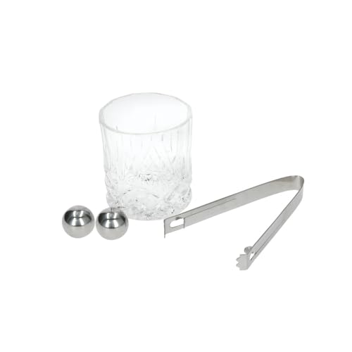 BarCraft Whiskeyglas und Stein Set - 2 Eiskugeln, Ice Balls, Glas und Zange, in Geschenkbox