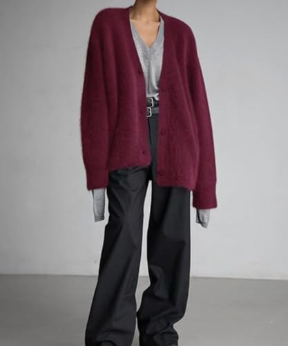 Image of Womens Fuzzy Sweaters Cardigan V-Neck Button Down Oversized Mohair Sweater Casual Y2k 2026 Fall Winter