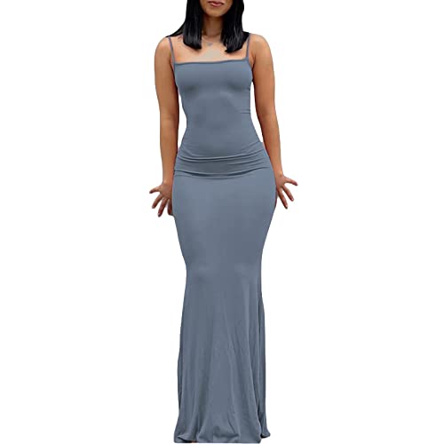 Image of Women Spaghetti Strap Cute Maxi Sleeveless Cami Dress Party Club Bodycon Dresses Dusty Blue S