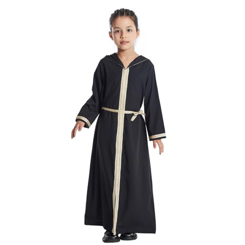 OLEMEK Kids Girls Abaya Long Sleeve Hooded Maxi Dress Dubai Islamic Dress Casual Dress Black 8-9 Years