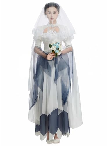 Cosplay.fm Women Ghost Bride Costume Gossamer Corpse Bride Dress Medieval Victorian Vampire Dress with Veil for Halloween (White M)