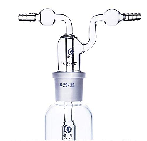 Botella de lavado de gas de vidrio de laboratorio de 250 ml, trampa de vacío con dos tubos curvados, junta 29/32, botella de vidrio de borosilicato para kit de cristalería de laboratorio de química