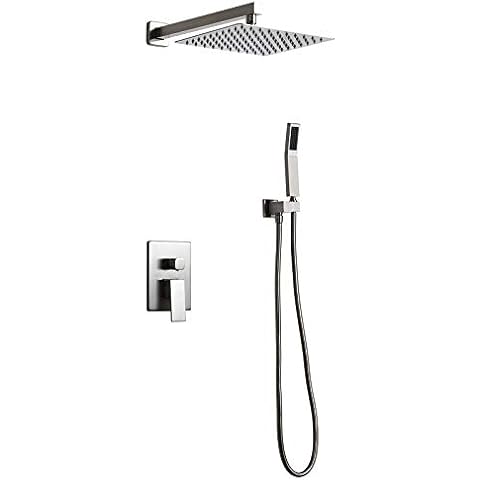 Homary Luxury Wall Mounted Brushed Nickel 10" Shower Set Rainfall High Pressure Shower Head Handheld Spray Square Shower Combo Set with Pressure Balance Rough-in Valve and Trims, Solid Brass Cover