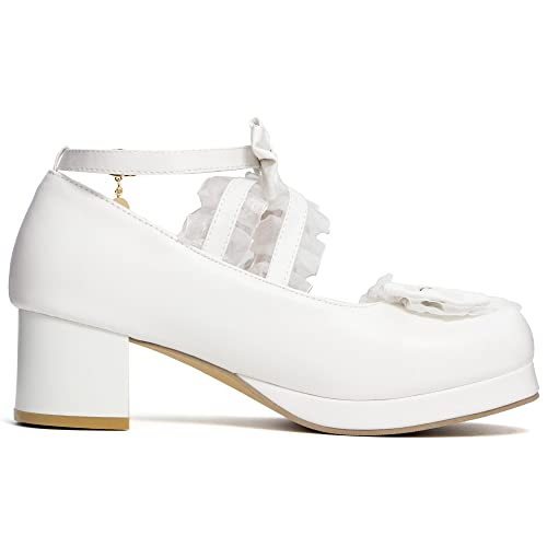 Elerhythm Women's Mary Jane Platform Chunky Block Heels Cute Cosplay Kawaii Bow Lace Dresses Cross-Tied Round Toe Ankle Strap Shoes2