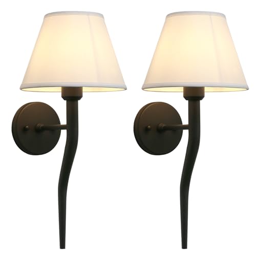 Image of Yosoan Retro Boho Fabric Stairwell Wall Sconce Set of 2, Vintage Vanity Beige Brass Indoor Wall Mounted Hardwired Funnel White Cloth Fabric Shade for Bedroom Hallway Living Room Bathroom(Black)