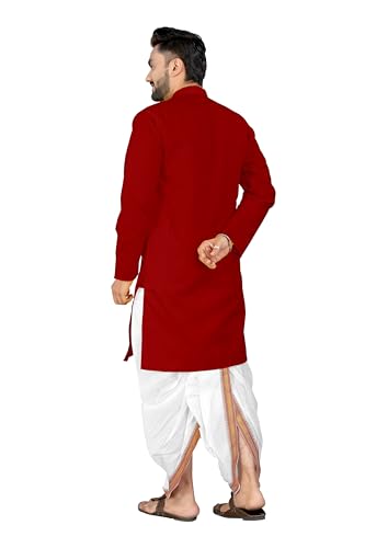 Image of UNIQUE MOMENTS Men's Cotton Dhoti Kurta Set with Full Sleeves Solid Pattern Modern Style and Mandarin Collar Neck | Perfect for Puja & Celebrations