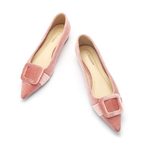 C.Paravano Women's Pointed Toe Flats | Velvet Slip-On Ballet Flats | Comfortable Work & Daily Wear Shoes (Pink,Size 7.5)