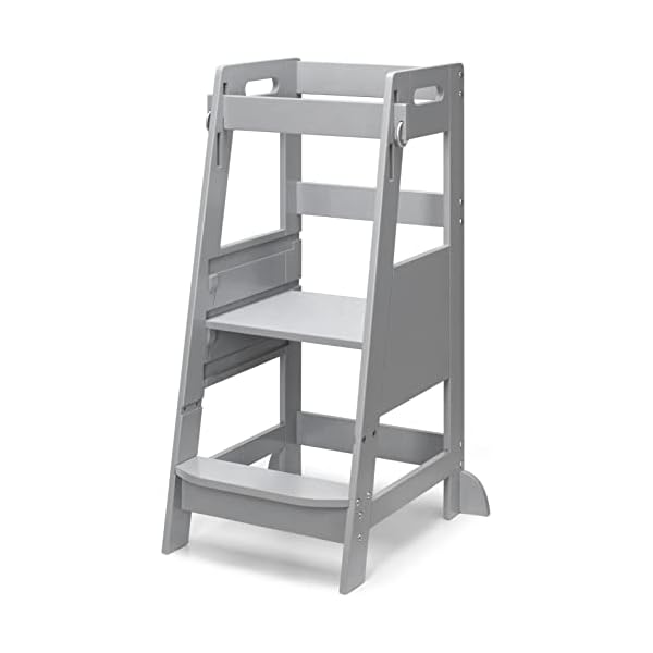   TOETOL-Bamboo-Toddler-Step-Stool-Grey-Learning-Standing-Helper-Tower-for-Toddlers-Kitchen-Stools-Counter-3-Height-Adjustable-Helper-with-Non-Slip-Mat
