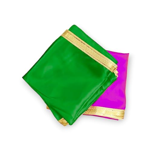 Image of RMCG Traders Pooja Clothe for Mandir, Pooja Clothe for Multi-Purpose Use, Satin Clothe Pooja, 1 Meter Pooja Clothe Each, Table Cloth for Decoration Pooja (Green & Purple)