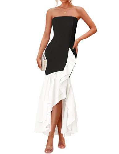 ZESICA Women's 2025 Summer Strapless Bodycon Maxi Dress Ribbed Sexy High Split Mermaid Prom Party Dresses