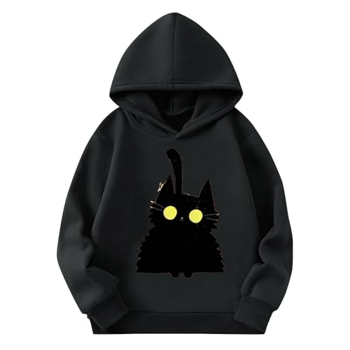 Girl Halloween Hoodies Cute Cat Graphic Long Sleeve Pullover Funny Holiday Hooded Sweatshirt