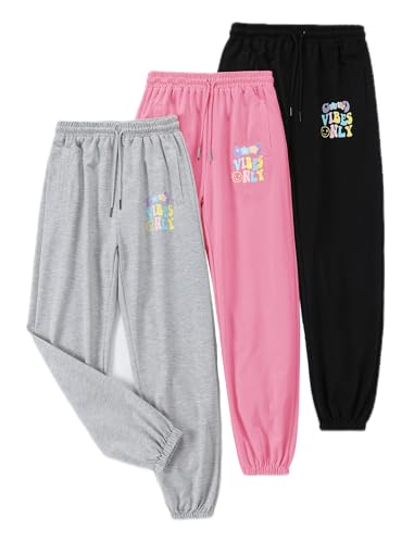 Image of EXARUS 3 Pack Girls Sweatpants Joggers Teen Sweat Pants Wide Leg | Tween Baggy Casual Preppy Pockets High Rise Elastic Waist School Sports Trendy Clothes Kids Youth Junior 6-14Y
