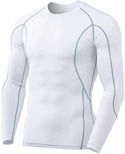 TSLA Men's UPF 50+ Long Sleeve Compression Shirts, Athletic Workout Shirt, Water Sports Rash Guard, Active Long Sleeve White, Small