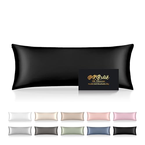 Image of Silk Body Pillow Pillowcase, Mulberry Silk Body Pillow Cases with Zipper, Smooth, Anti Acne, Cooling Sleep Both Sides Natural Silk Satin 20x54 Body Pillowcase, Gifts for Women Men, Black
