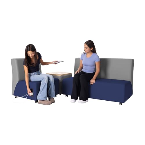 Image of FDP Pro Series Upholstered Armless Mobile Sofa with Tech Outlet, USB Charging and Locking Casters for Portability Commercial Seating for Hotel Lobby, Office, Restaurant, Waiting Room - Navy /Gray