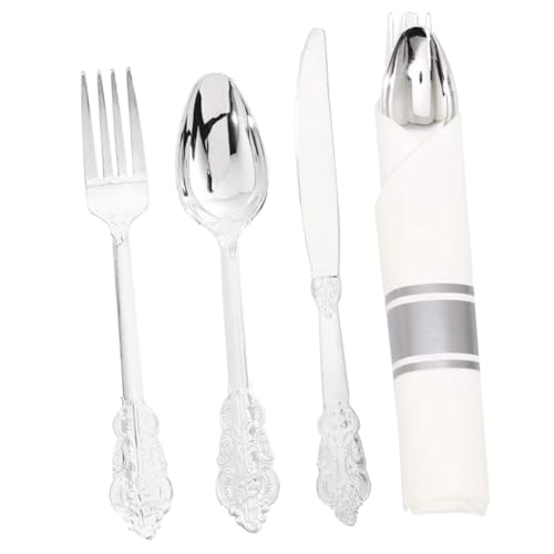 EXQUIMEUBLE 2セット 使い捨てパーティーカトラリー 入り 家用テーブルウェア 銀色フォークスプーン紙ナプキン付き 結婚式 ピクニック 誕生日会