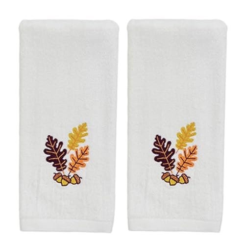 Serafina Home Fall Bathroom Fingertip Towels – Set of 2 Ivory Cream Off White 100% Cotton with Embroidered Acorn Leaves Design – 16