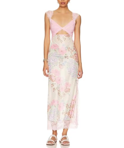 GRMLRPT Women Sexy Lace Patchwork Mesh Maxi Dress Floral Print Cutout Sweetheart Neck Backless Slit Summer Y2K Long Dresses,Pink,M