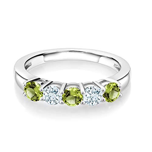 Gem Stone King 925 Sterling Silver Green Peridot and Sky Blue Aquamarine Wedding Band Ring For Women (0.96 Cttw, Round 3.5MM, Gemstone August Birthstone, Available In Size 5, 6, 7, 8, 9)3