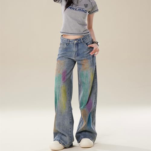 Y2K Fashion High Waist Straight Leg Jeans for Women Colorful Graffiti Streetwear Casual Denim Pants2