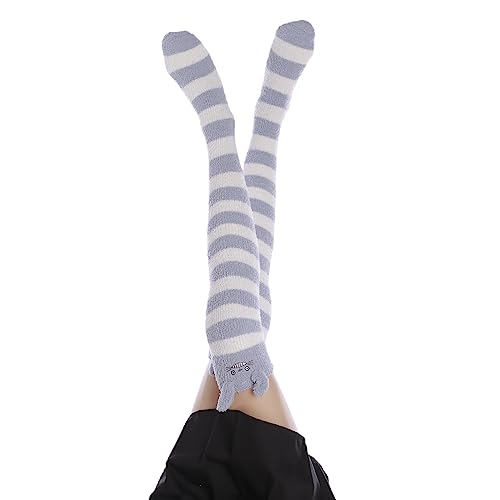 Image of Thigh High Fuzzy Socks Cute Animal Coral Fleece Over the Knee Thigh High Long Stockings Warm Stripe